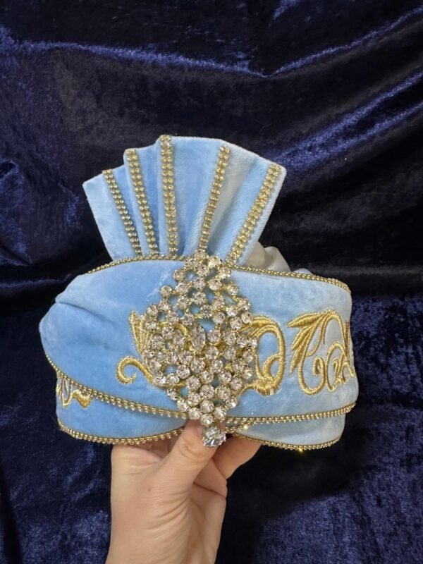Kadife Berk Kaftan Şapkası-Bebe Mavisi-Altın
