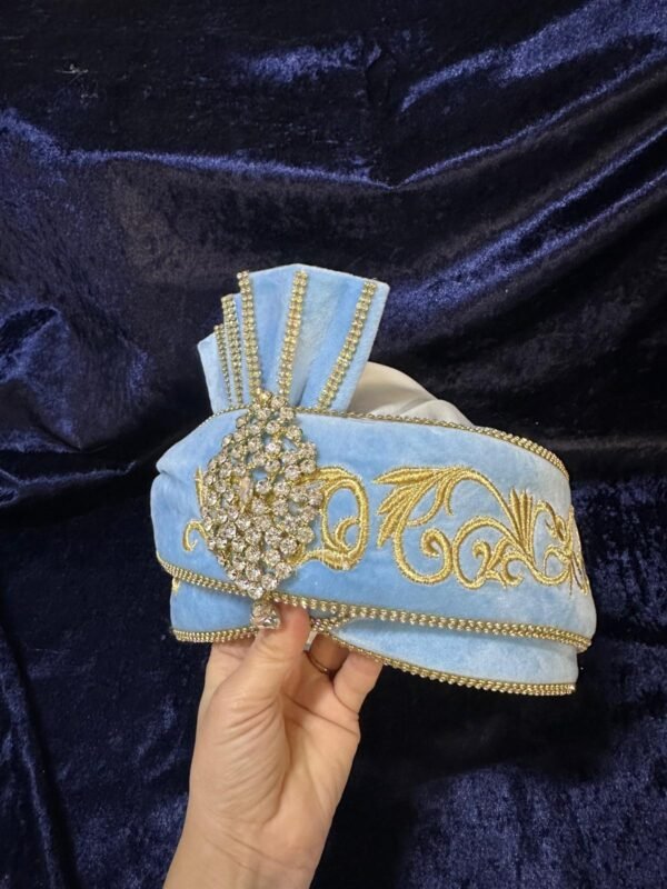 Kadife Berk Kaftan Şapkası-Bebe Mavisi-Altın